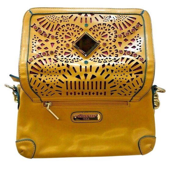 Nicole Lee Shoulder Handbag Purse Mustard Yellow Cut Out Rinestones Faux Leather - Picture 6 of 12